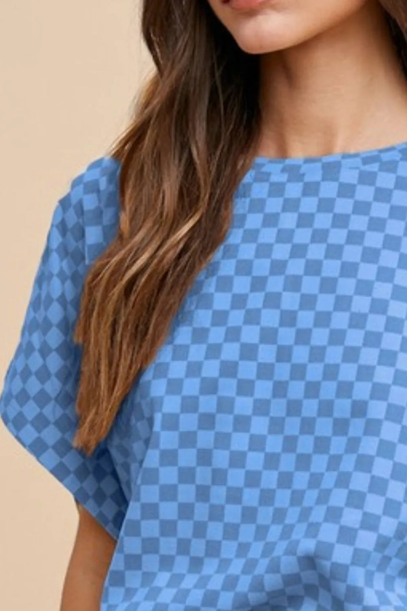 Annie Wear Checkered Round Neck Short Sleeve T-Shirt for Women - Love Salve